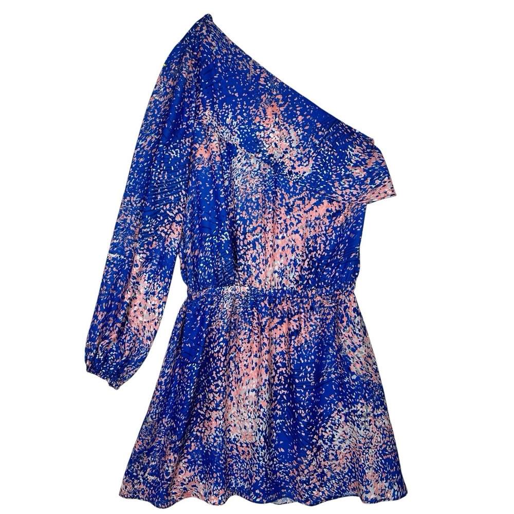 Ramy Brook One Shoulder Mini Dress Womens S Blue Pink Abstract Ruffle Cocktail